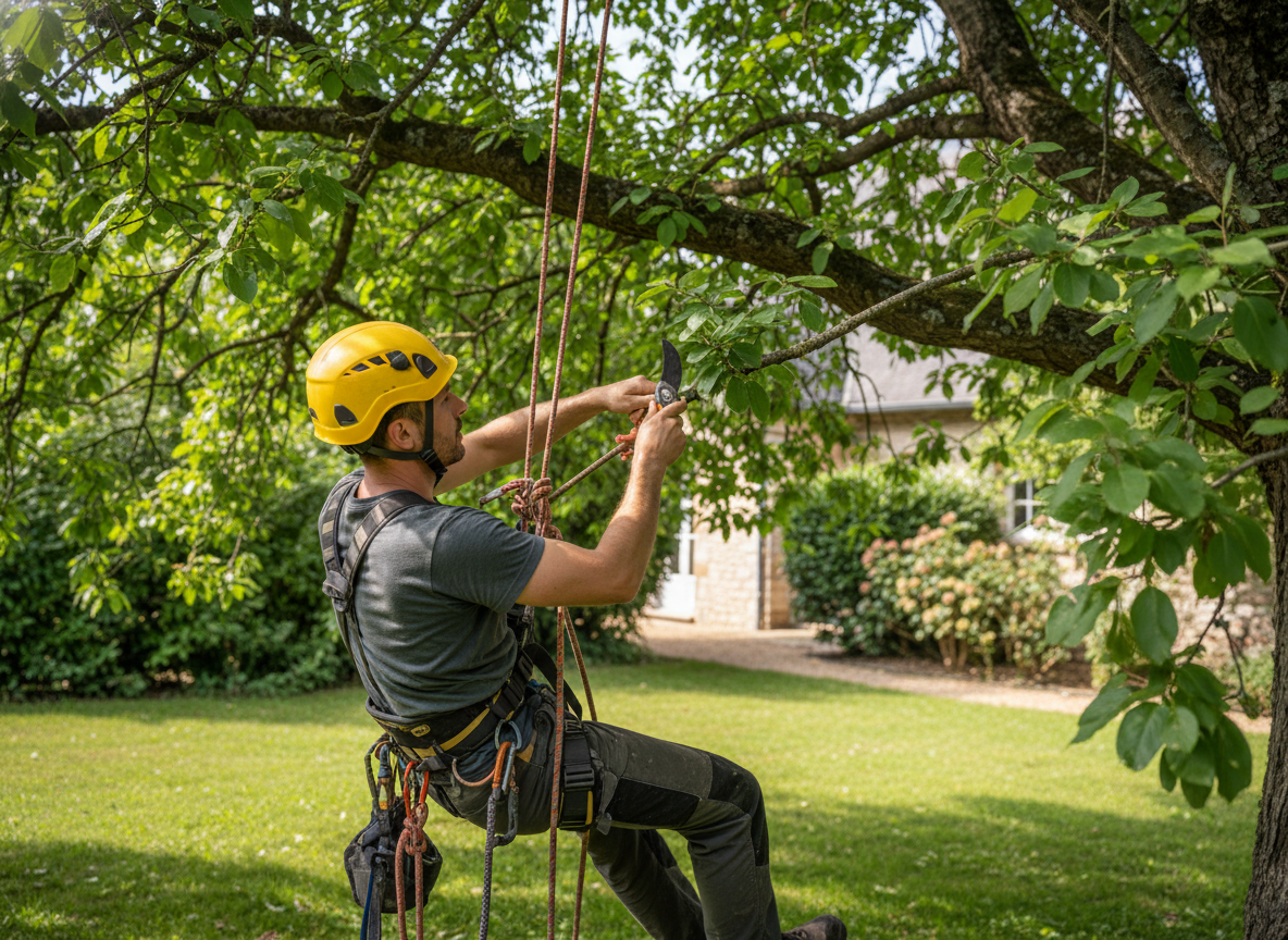 Élagueur grimpeur effectuant une taille douce sur un grand arbre à Mâcon