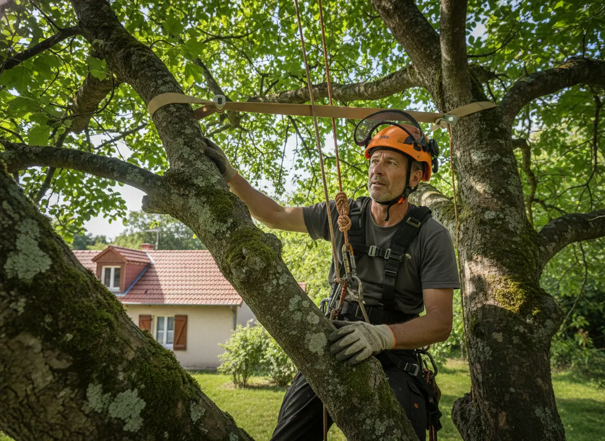 Arboriste posant un système de haubanage sur un arbre à Sancé